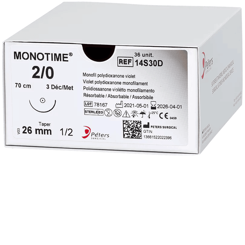 Монотім (Полідіоксанон), USP2/0, фіол.70 см, гол. колюча 1х26мм, 1/2кола, 14S30D